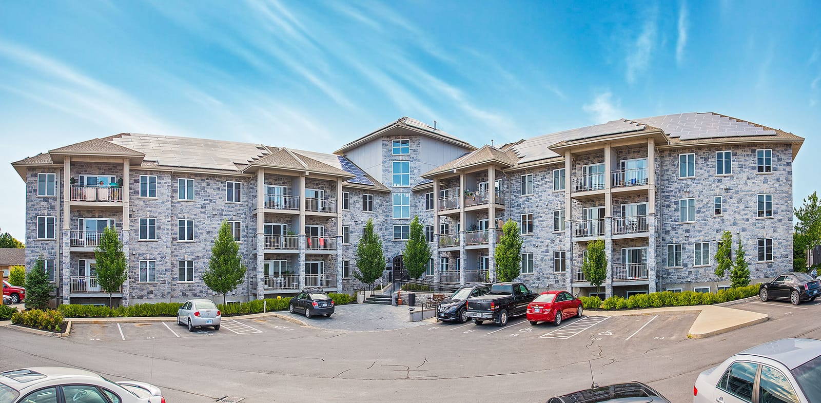 Panorama of the Stonecrest courtyard and both wings of the building