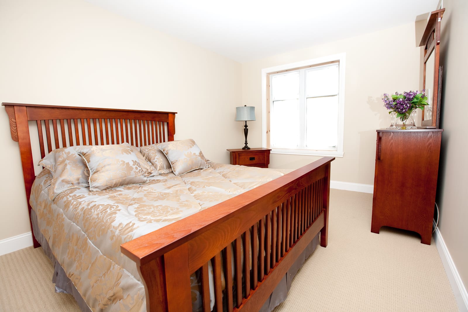 Furnished bedroom with a queen bed, a dresser and a bright window