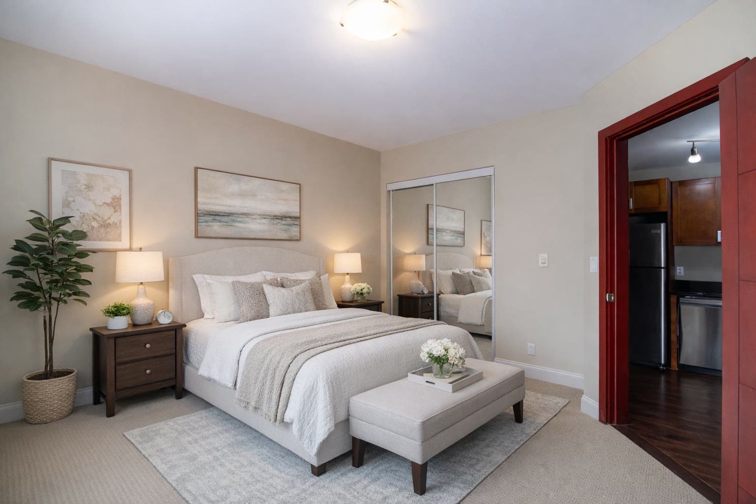 Carpeted bedroom with a mirrored closet, opening onto the kitchen