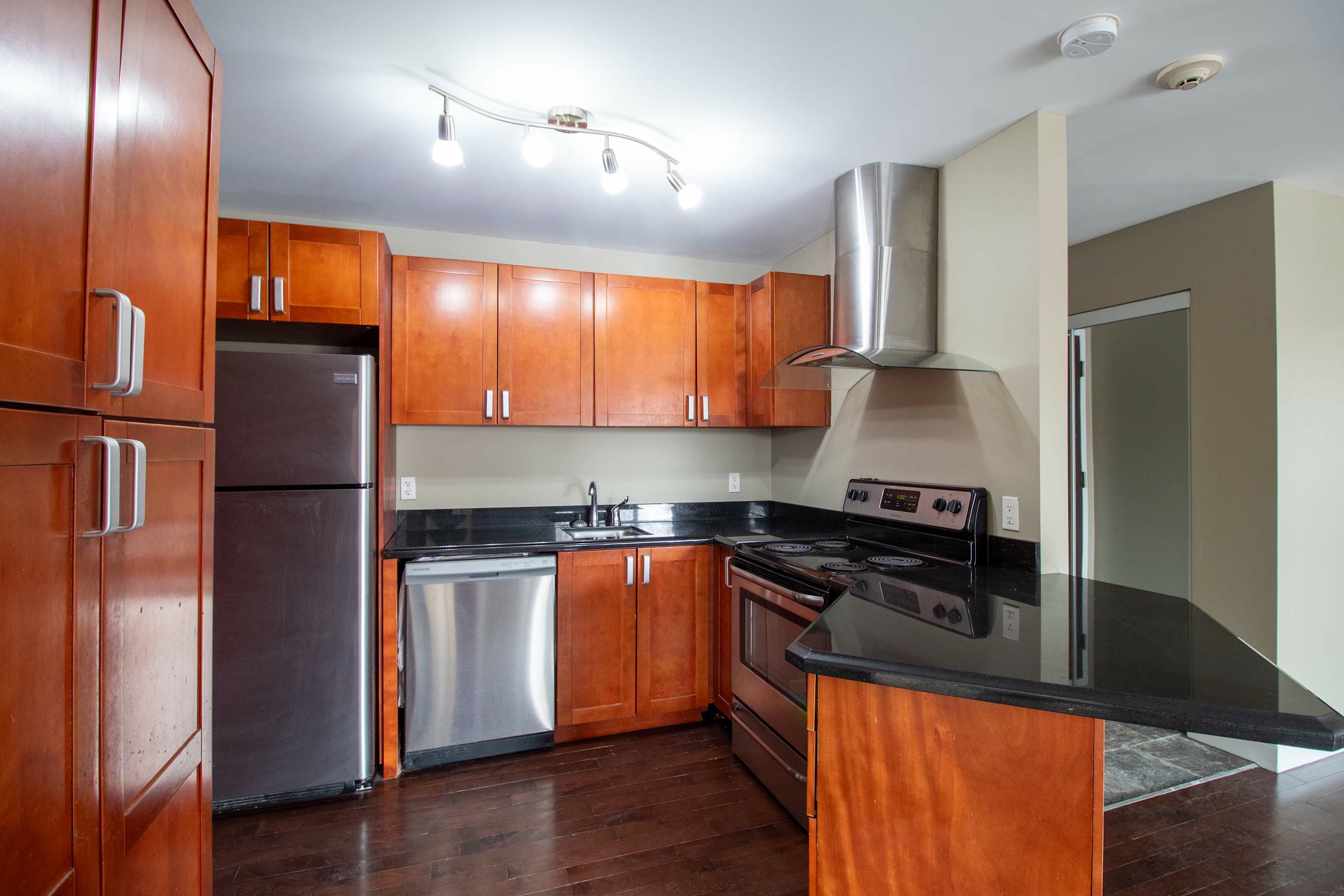 Kitchen with granite counters, a stainless range hood and a dishwasher