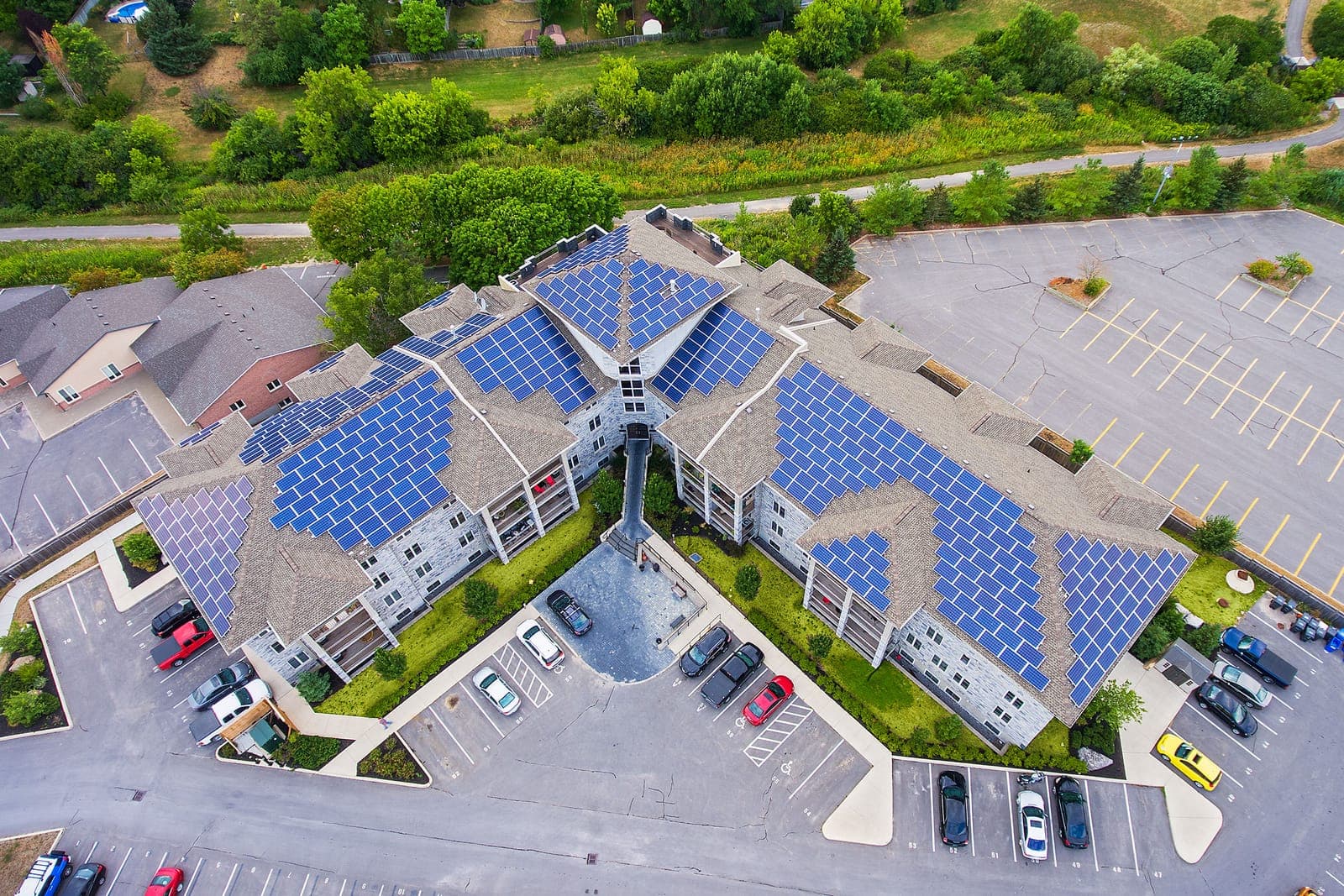 Solar panels across all three roof sections at Stonecrest, 810 Blackburn Mews